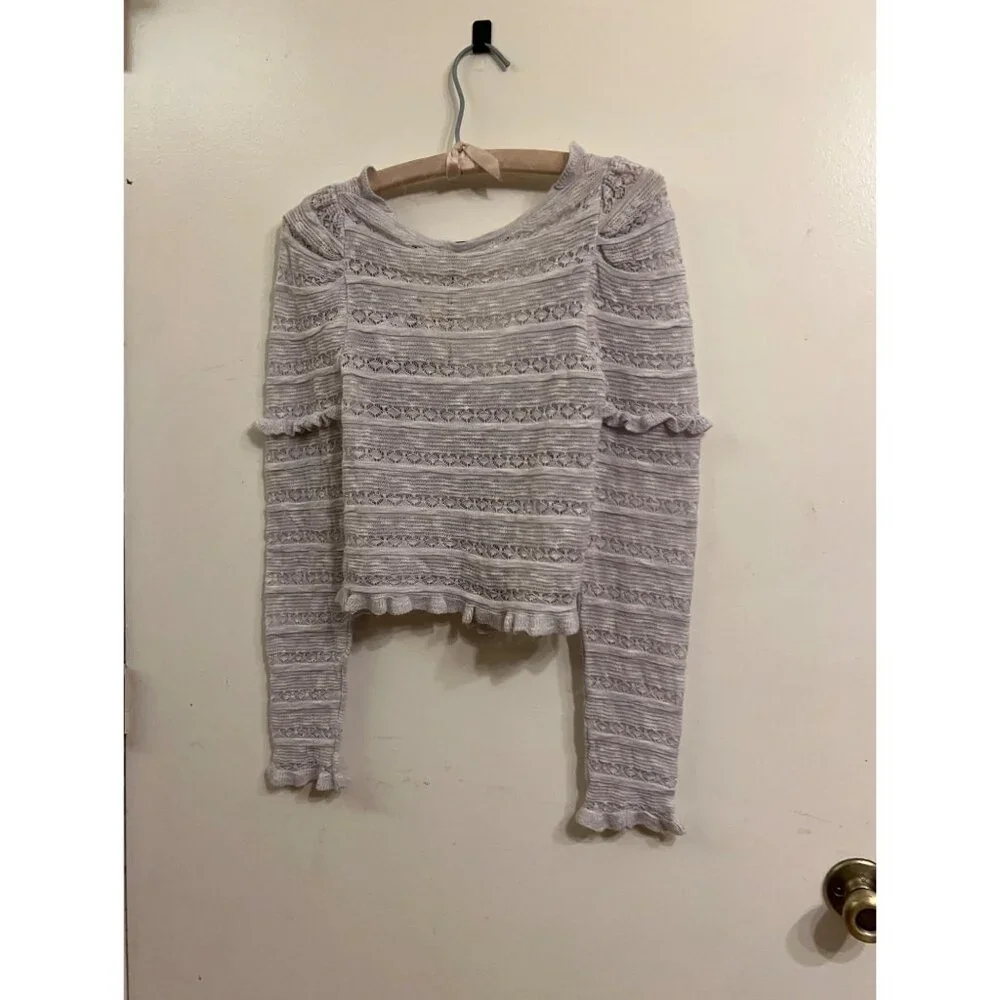 Mustard Seed NEW Ruffle Cardigan Sweater Size S Gray Knit Long Sleeve Cropped Bu - Picture 2 of 11